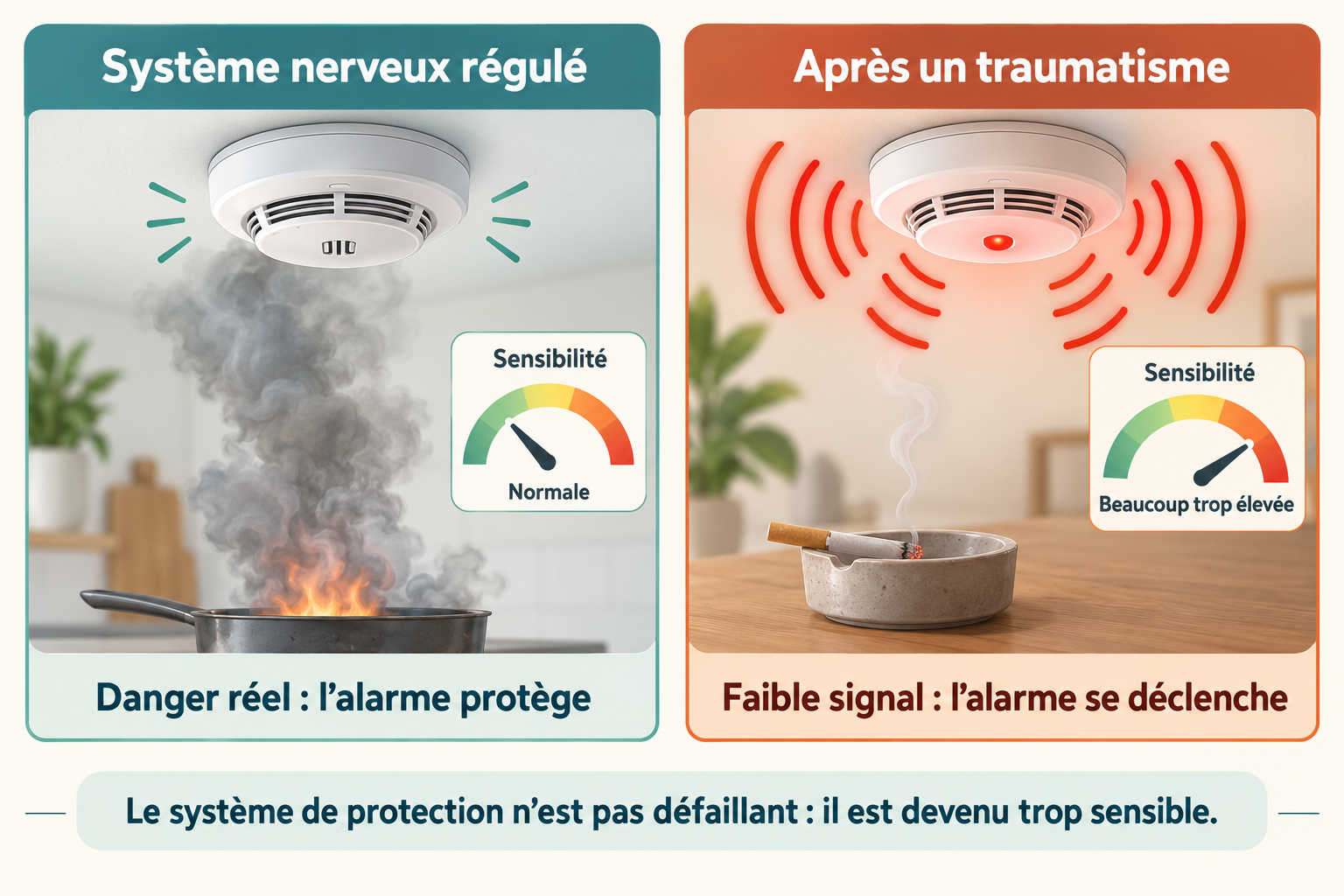 Comparaison entre un système nerveux régulé, dont l’alarme réagit à un incendie, et un système nerveux hypersensible après un traumatisme, dont l’alarme se déclenche avec la fumée d’une cigarette