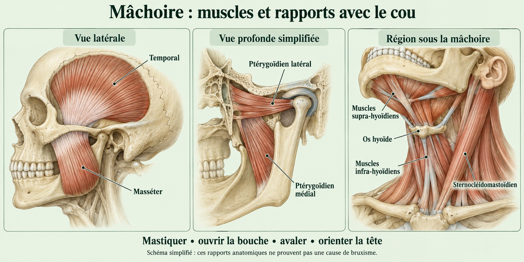 Planche simplifiée des muscles masticateurs, des muscles hyoïdiens et de leurs rapports avec le cou.