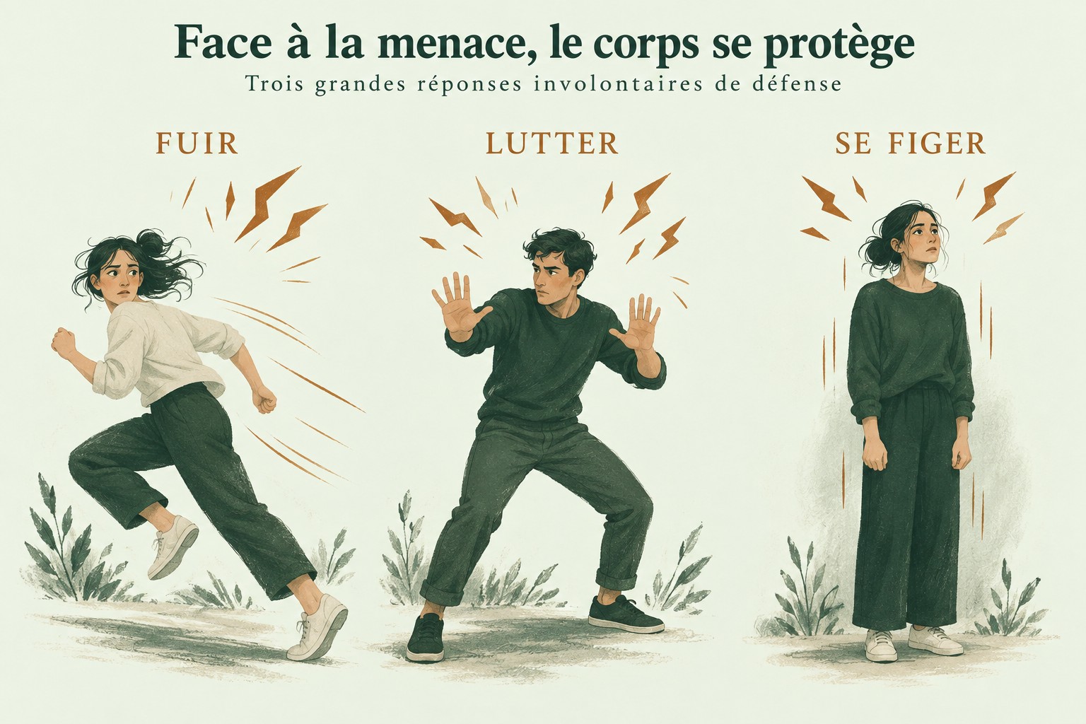 Trois personnages illustrent la fuite, la lutte et le figement face à une menace.