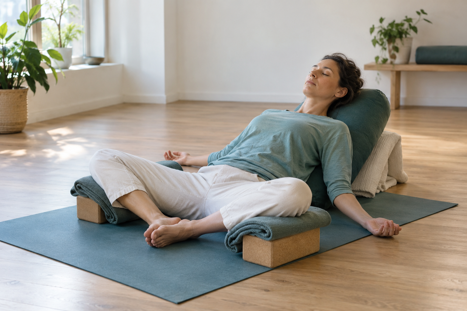 Personne en posture de restorative yoga, le dos, la tête et les genoux entièrement soutenus par un traversin, des couvertures et des briques
