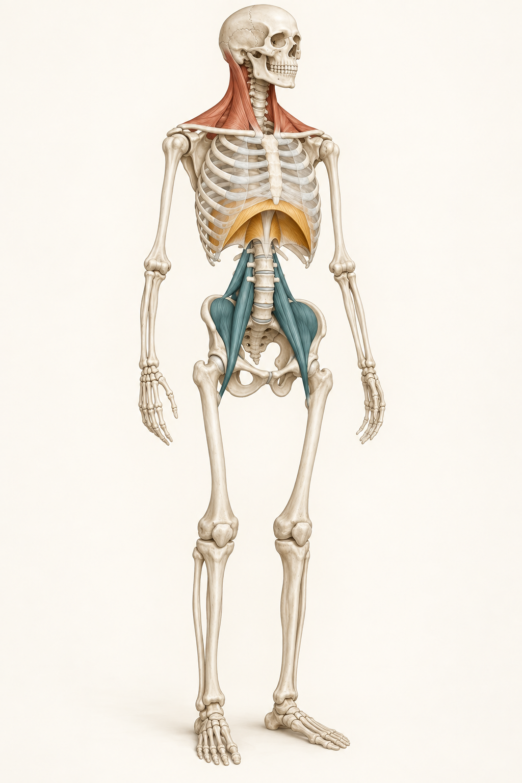 Squelette montrant uniquement les trapèzes, le diaphragme et les muscles ilio-psoas