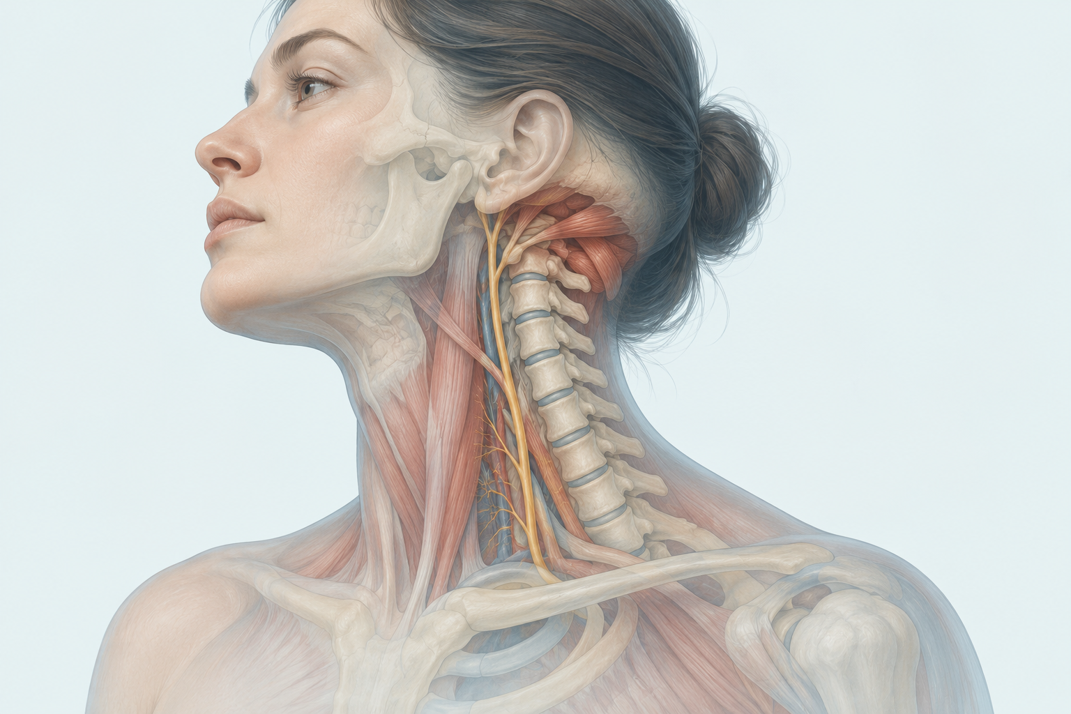 Illustration schématique de profil de la base du crâne, des cervicales et des structures musculaires et nerveuses du cou